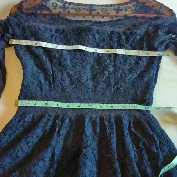 H&M Divided Navy Lace Dress waist detail sheer sleeve fitted asymmetrical hem - Picture 4 of 6